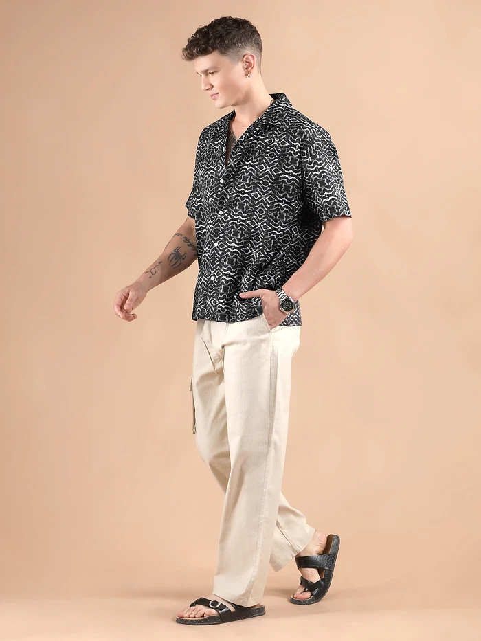 Black and White Printed Cuban Shirt